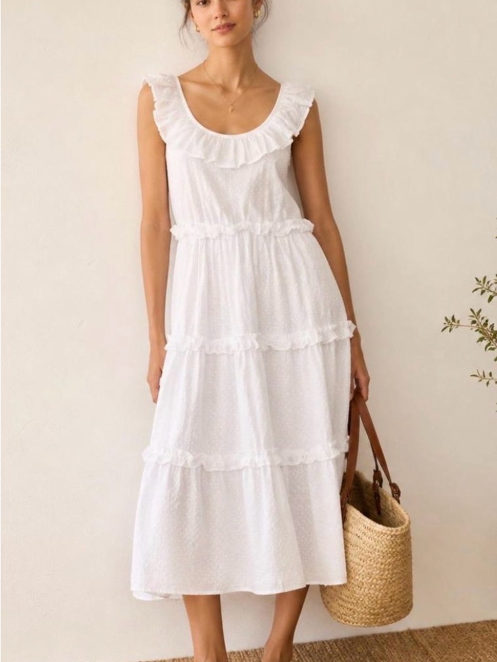 NWT J. Crew White Ruffled Tiered Swiss  dot Midi Dress size 6 Small